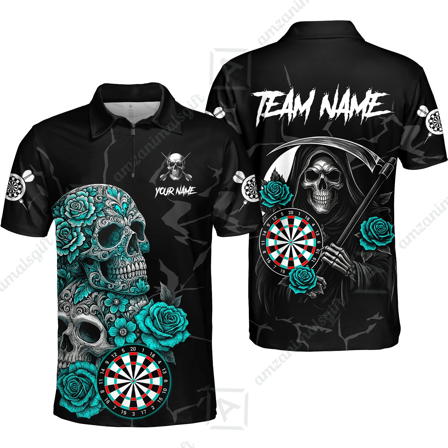 Customized Darts Quarter-Zip Polo Shirt, Darts Turquoise Skull Roses Dartboard Zip Polo Style Jersey for Darts Players