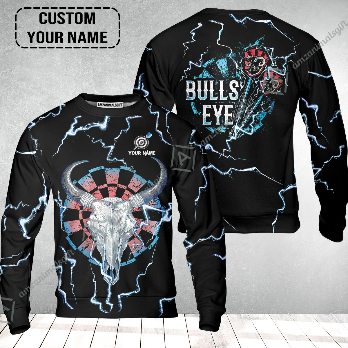 Customized Darts Sweatshirt, Darts Bullseye Thunder Skull, Personalized Name Sweatshirt - Image 2
