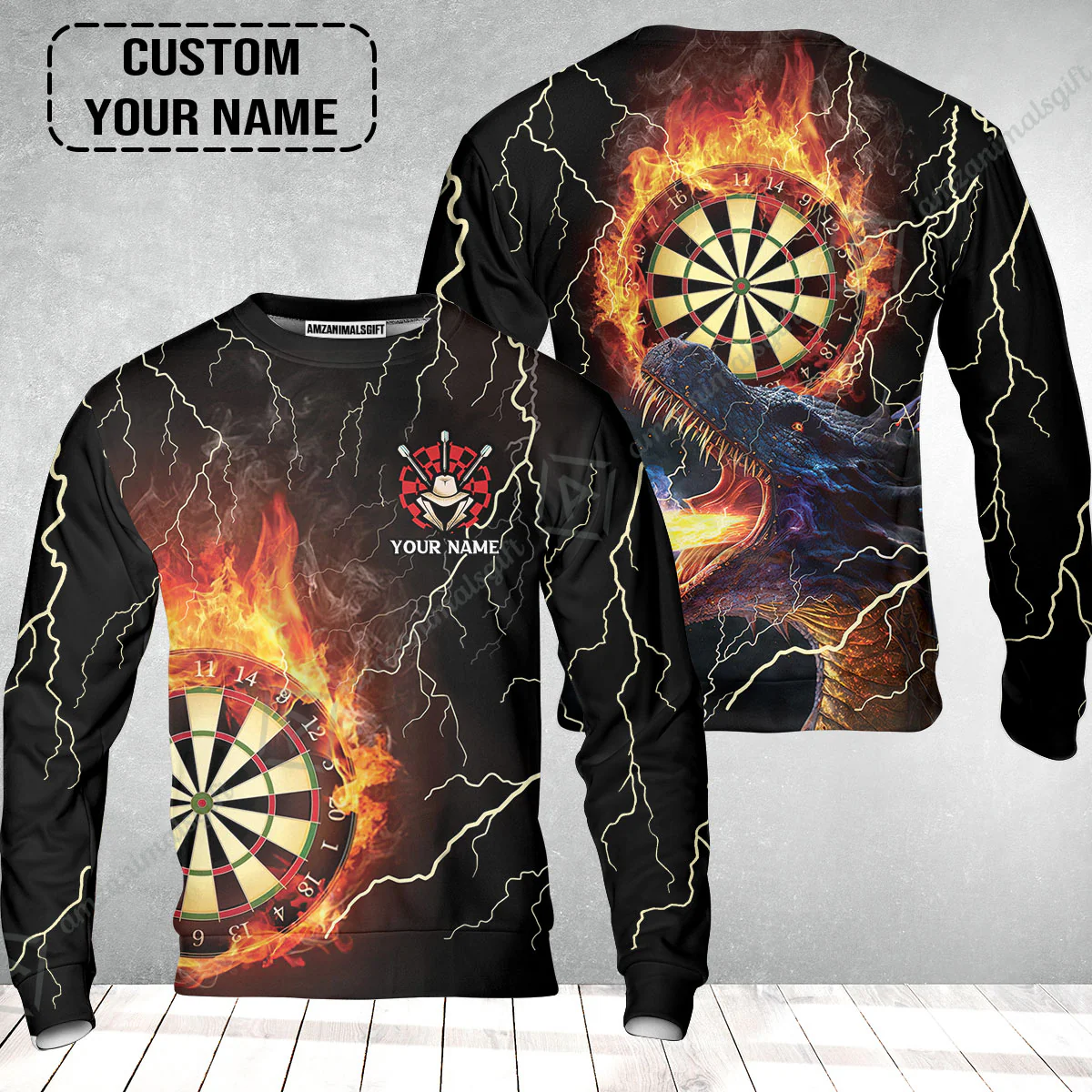 Customized Darts Sweatshirt, Flame Dartboard, Personalized Name Dragon And Darts Sweatshirt - Perfect Gift For Darts Lovers - Image 2