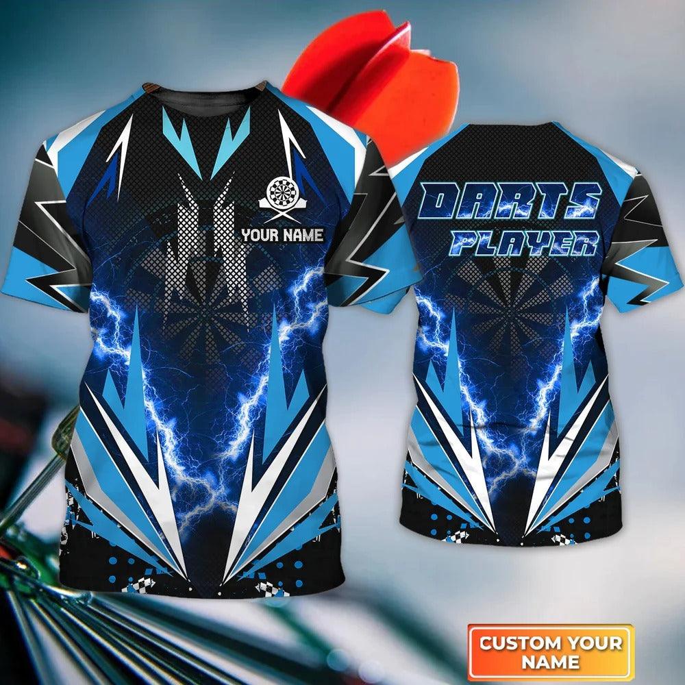 Customized Darts T Shirt, Blue Darts Player Thunder Lightning, Personalized Name T Shirt For Men - Perfect Gift For Darts Lovers, Darts Players
