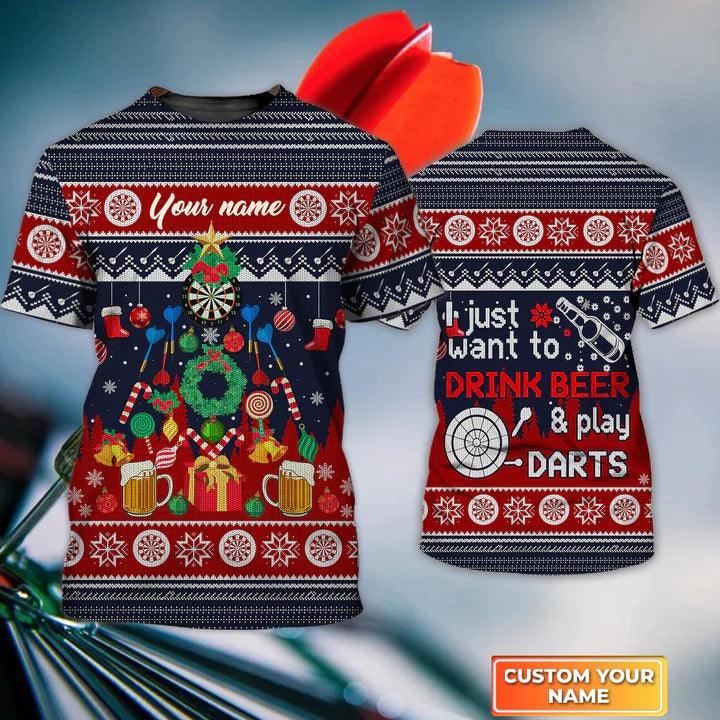 Customized Darts T Shirt, Christmas Pattern, Personalized Name Drink Beer And Play Darts T Shirt For Men - Perfect Gift For Darts Lovers, Darts Players