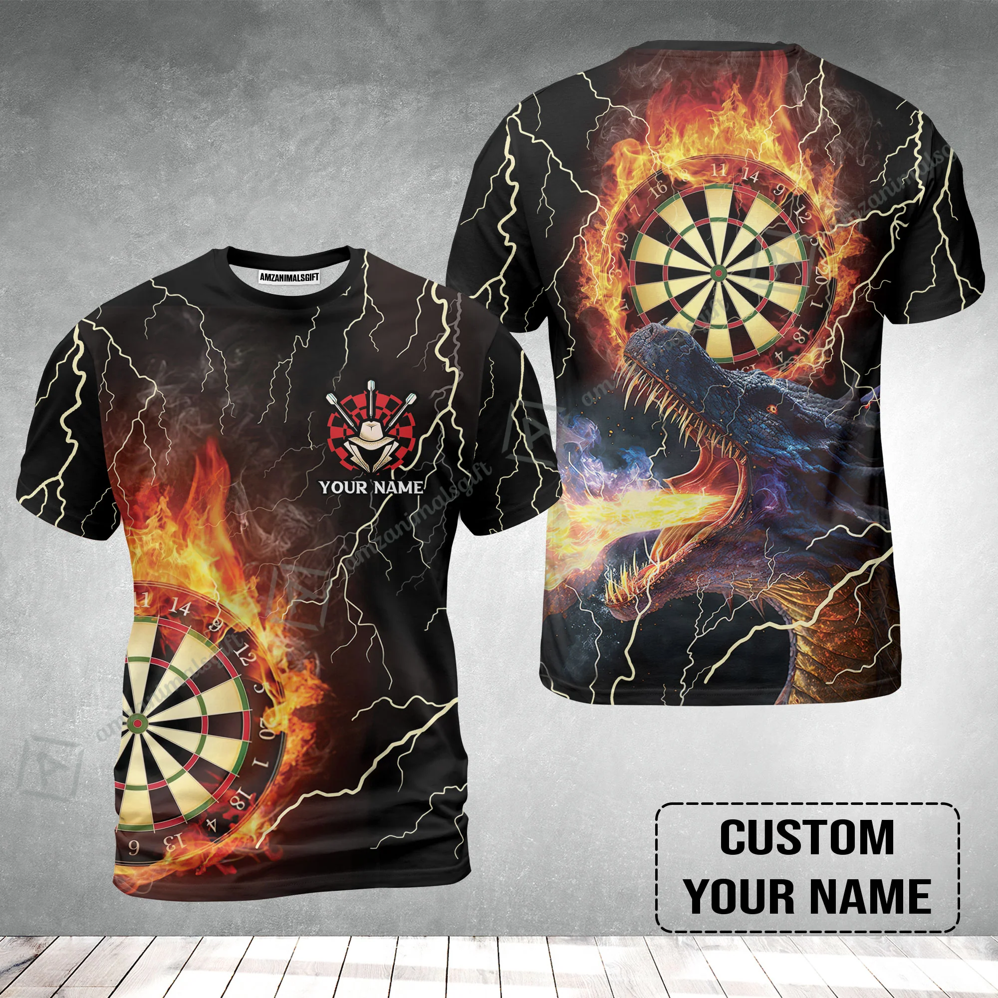 Customized Darts T-Shirt, Flame Dartboard, Personalized Name Dragon And Darts T-Shirt - Perfect Gift For Darts Lovers - Image 2