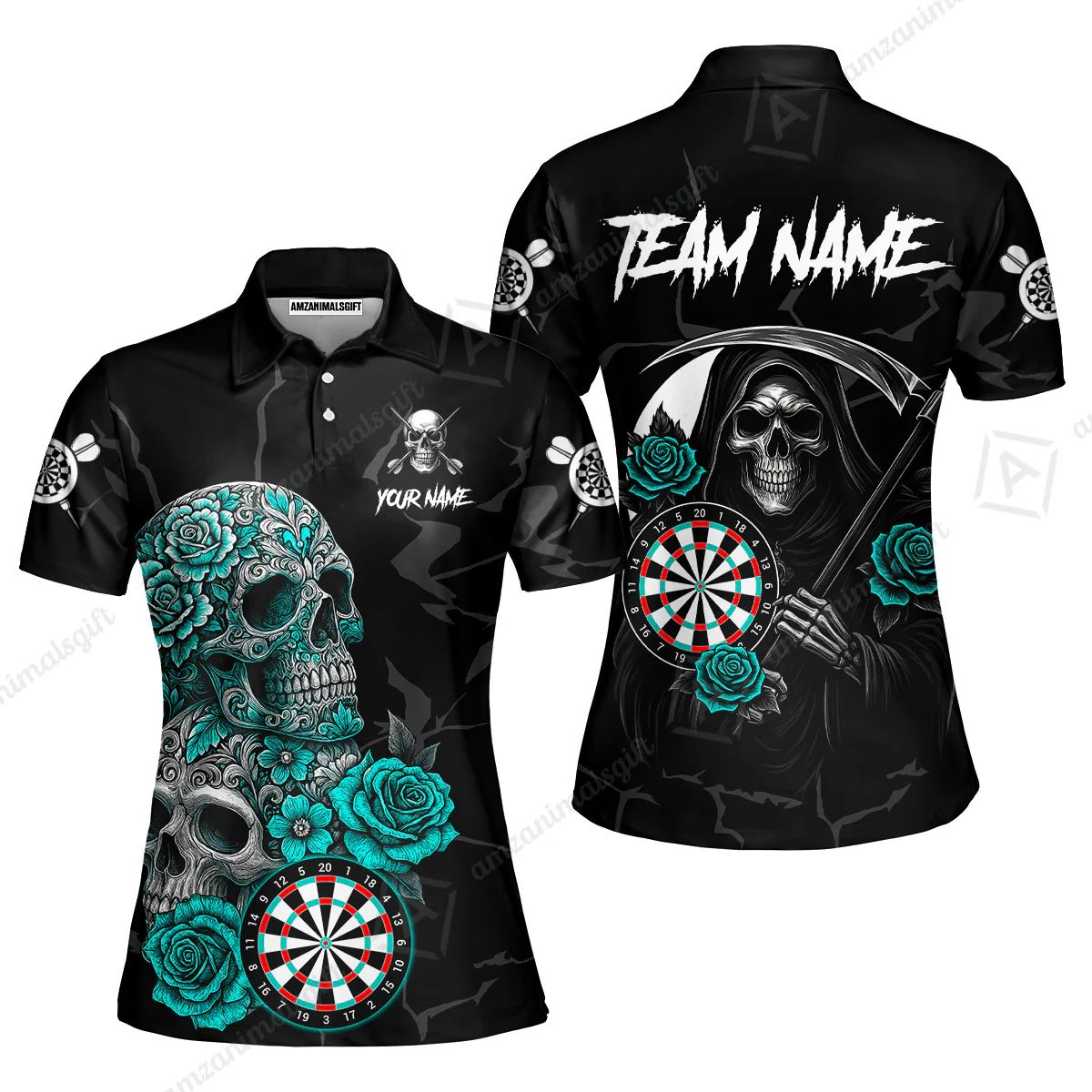 Customized Darts Women Polo Shirt, Darts Turquoise Skull Roses Dartboard Women Polo Shirt Style Jersey for Darts Players - Image 3