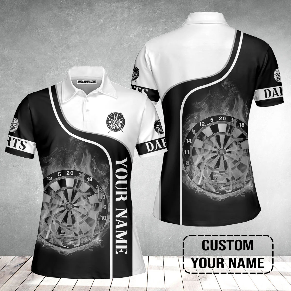 Customized Darts Women Polo Shirt, Personalized Black White Darts Women Polo Shirt - Image 2