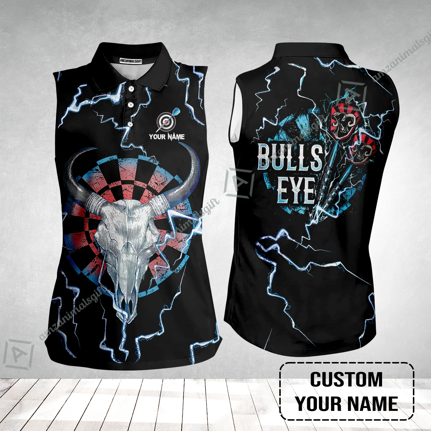 Customized Darts Women Sleeveless Polo Shirt, Darts Bullseye Thunder Skull, Personalized Name Women Sleeveless Polo Shirt - Image 2