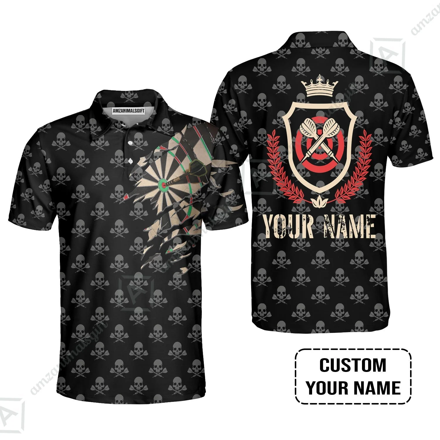 Customized Darts Zip Polo Shirt, Skull King Darts Personalized Name Zip Polo Shirt - Perfect Gift For Darts Lovers, Darts Players - Image 4