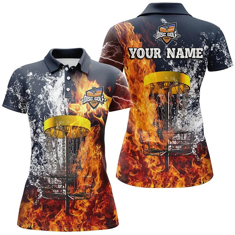 Customized Disc Golf Women Polo Shirt, Personalized Fire And Water Disc Golf Basket Polo Shirt - Perfect Gift For Ladies, Disc Golf Lovers - Image 2