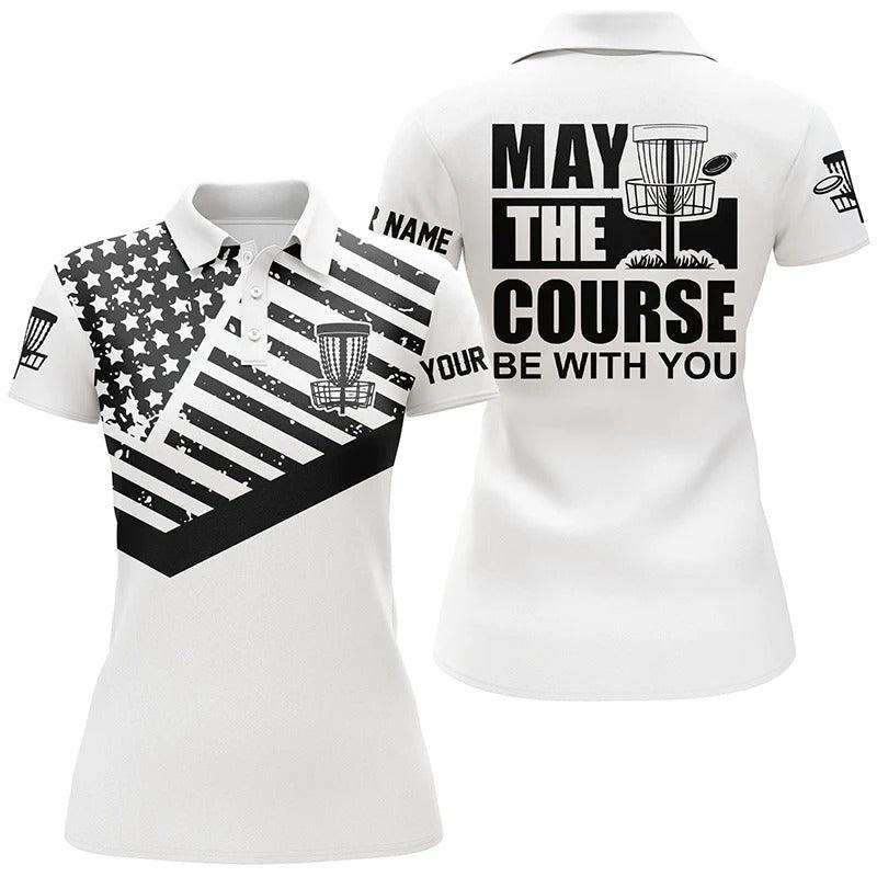 Customized Disc Golf Women Polo Shirts, Black White American Flag Polo Shirts, Personalized May The Course - Perfect Gift For Disc Golf Lovers - Image 2