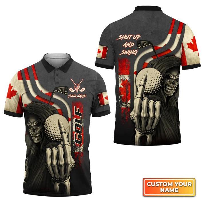 Customized Golf Men Polo Shirts, Canada Flag Skull Golf Shut Up And Swing, Personalized Name Golf Polo Shirt For Men, Golfers - Image 3