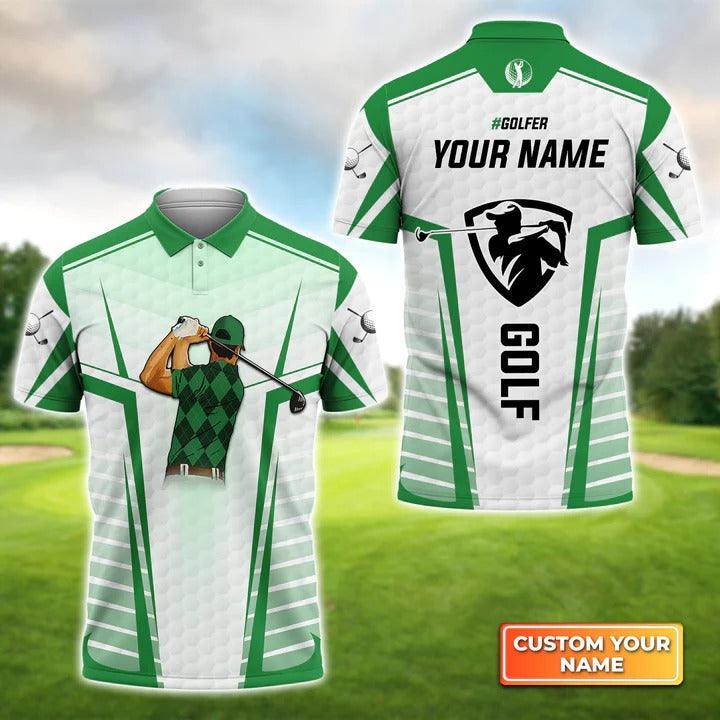 Customized Golf Men Polo Shirts, Golf Swing Green Abstract With Golf Club Polo Shirts, Personalized Customized Name Golf Polo Shirt For Men, Golfers