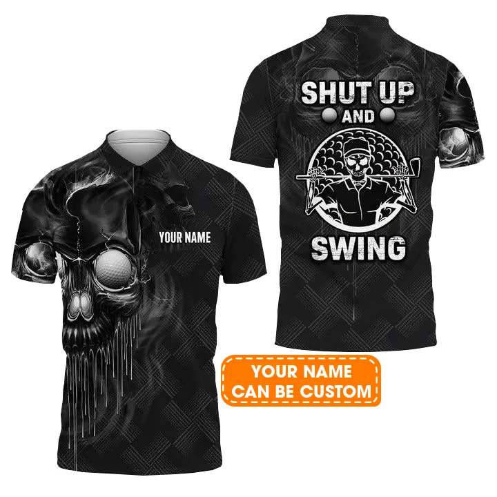 Customized Golf Men Polo Shirts, Skull Golf Shut Up And Swing, Personalized Customized Name Golf Polo Shirt For Men, Golfers - Image 2