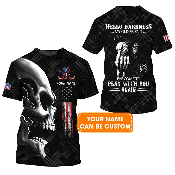Customized Golf T Shirt, Personalized Name Golf American Flag Hello Darkness My Old Friend T Shirt For Golf Lovers - Perfect Gift For Golfer, Friend - Image 2