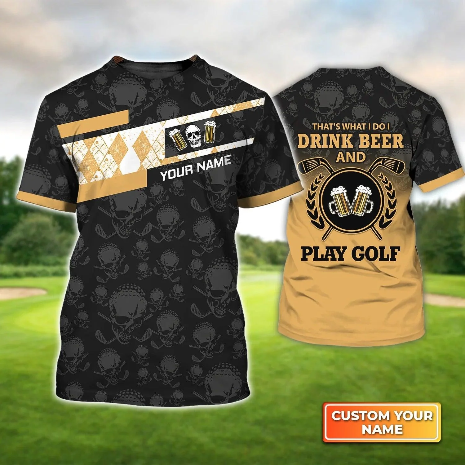 Customized Golf T Shirt, Personalized Name I Drink Beer And Play Golf Skull Argyle Pattern T Shirt For Golf Lovers - Perfect Gift For Golfer