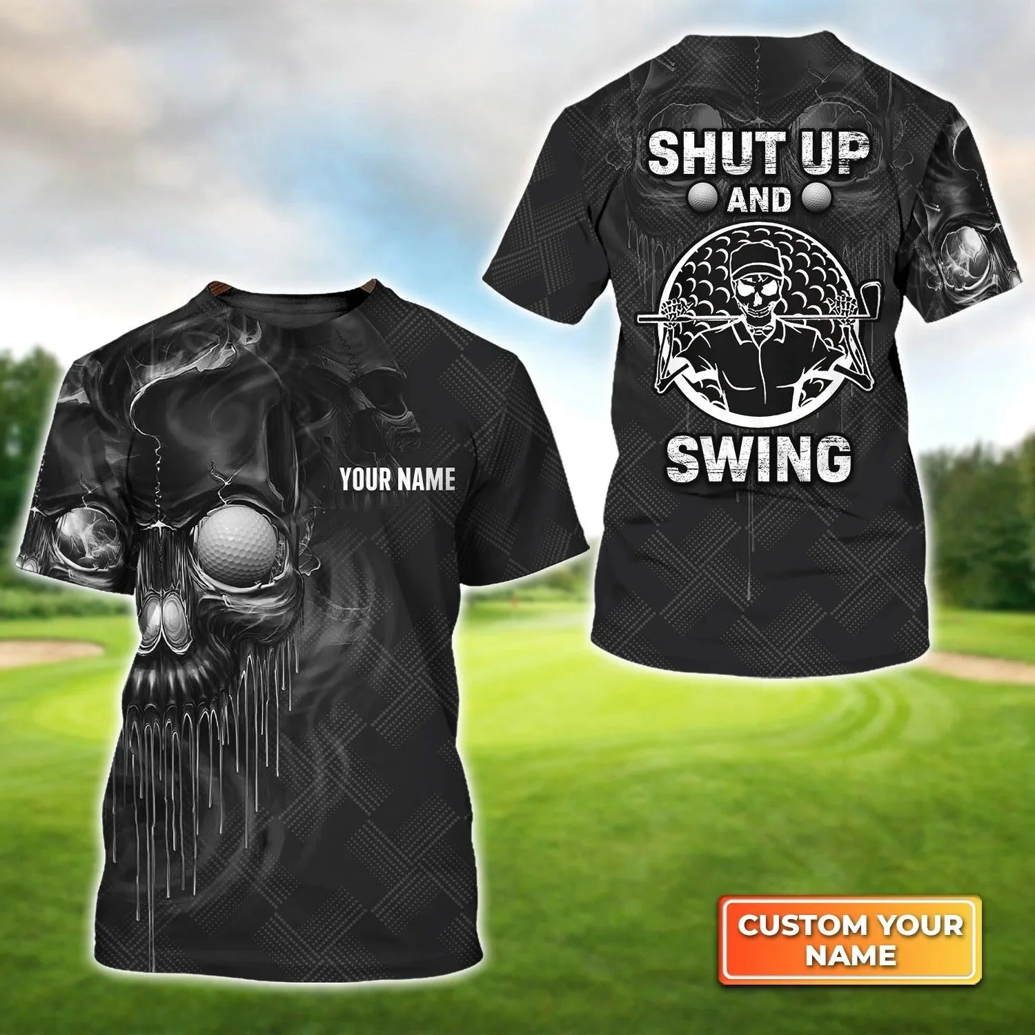 Customized Golf T Shirt, Personalized Name Skull Golf Shut Up And Swing T Shirt For Golf Lovers - Perfect Gift For Golfer, Friend, Family