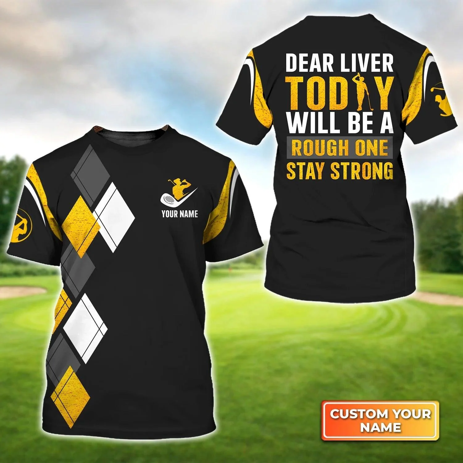 Customized Golf T Shirt, Personalized Name Yellow Gray Argyle Pattern Dear Liver Golf T Shirt For Golf Lovers - Perfect Gift For Golfer, Friend