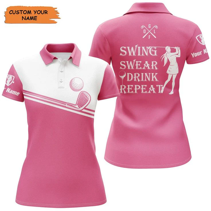 Customized Golf Women Polo Shirt, Personalized Swing Swear Drink Repeat Custom Name Pink White Shirts - Perfect Gift For Ladies, Golf Lovers, Golfers - Image 2