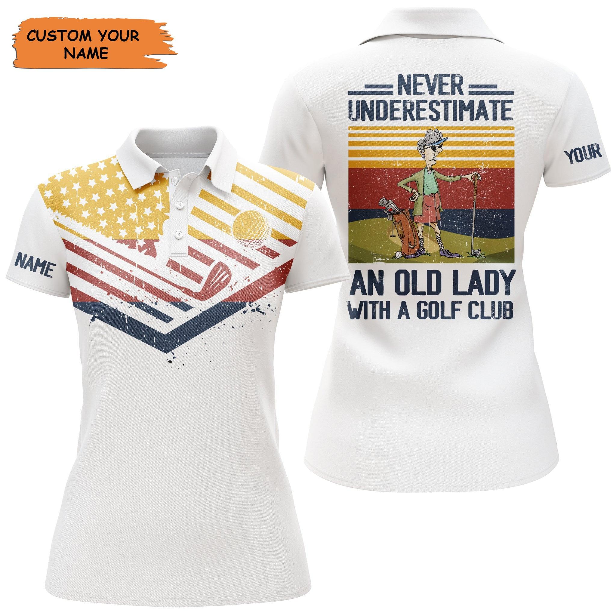 Customized Golf Women Polo Shirt, Vintage American Flag Personalized An Old Lady With A Golf Club - Perfect Gift For Ladies, Golf Lovers, Golfers