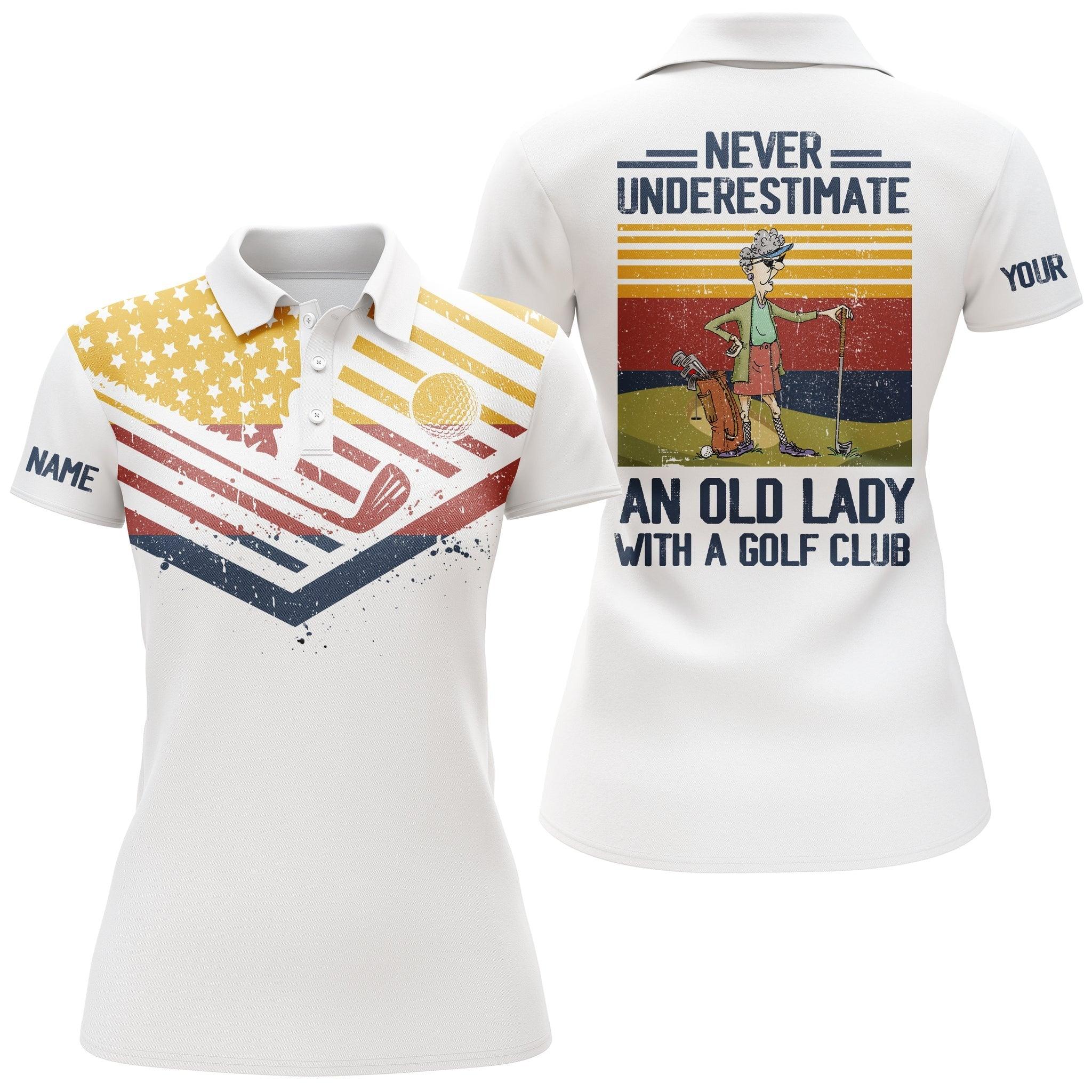 Customized Golf Women Polo Shirt, Vintage American Flag Personalized An Old Lady With A Golf Club - Perfect Gift For Ladies, Golf Lovers, Golfers - Image 2