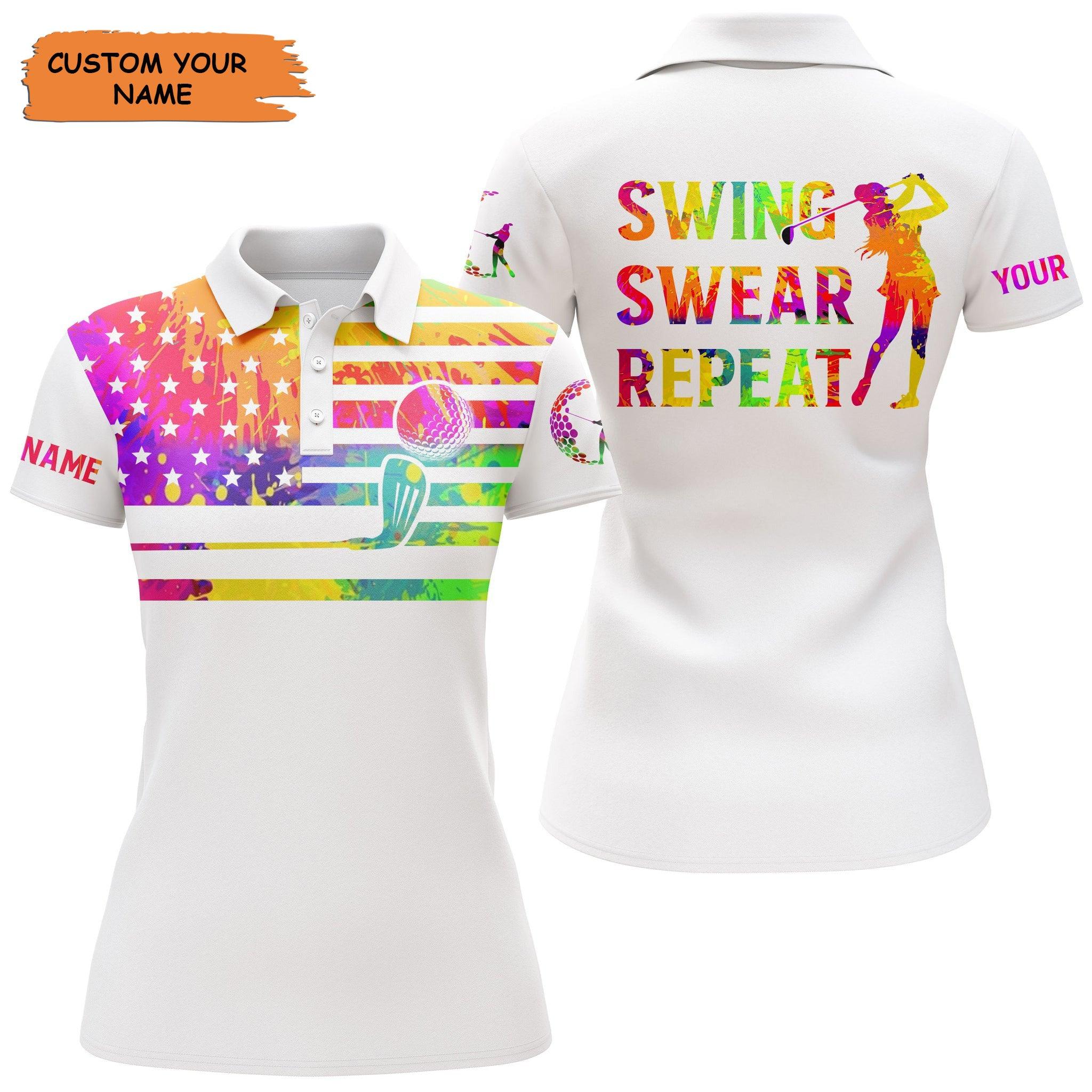 Customized Golf Women Polo Shirt, Watercolor American Flag Custom Name Swing Swear Repeat White Golf Shirt - Perfect Gift For, Golf Lovers, Golfers