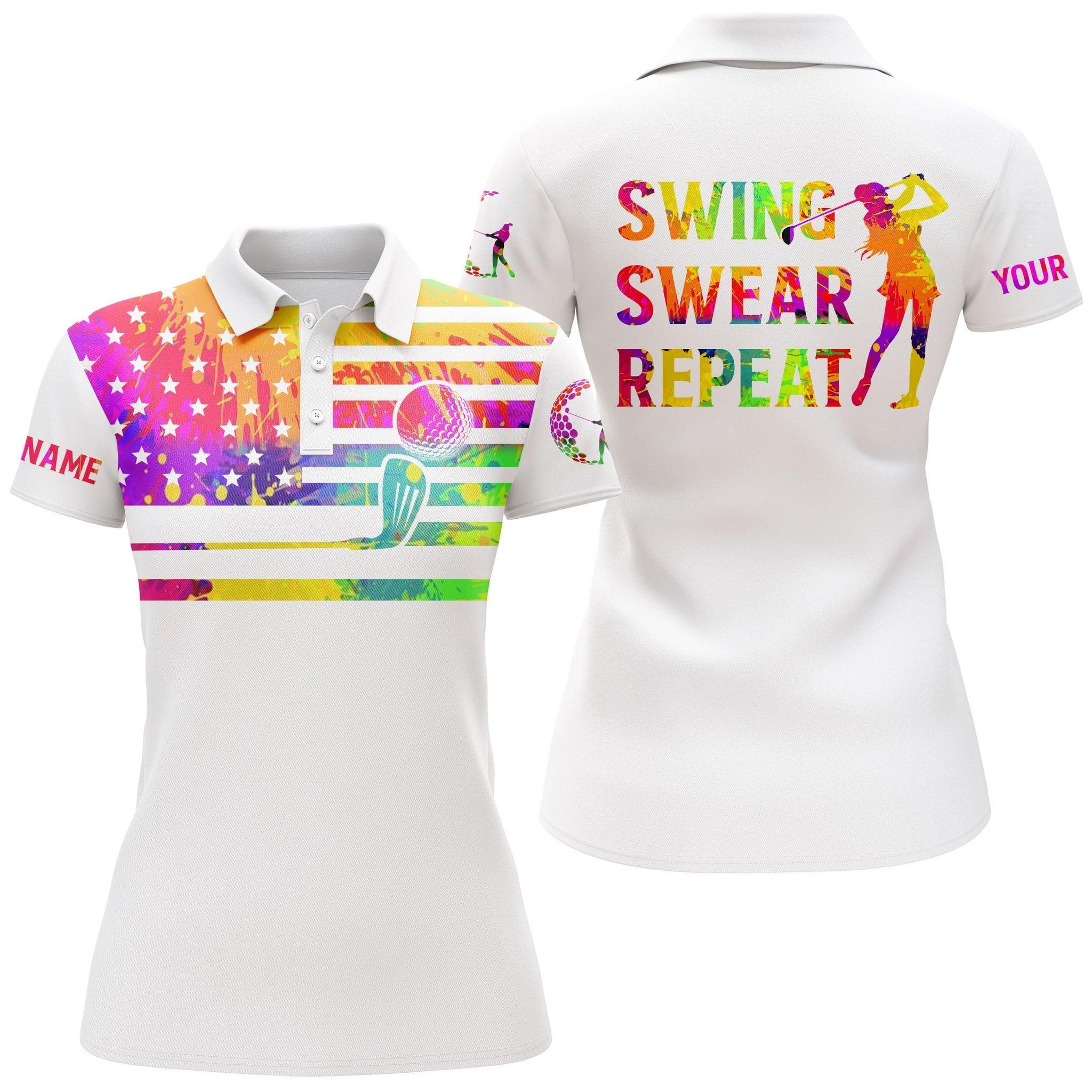 Customized Golf Women Polo Shirt, Watercolor American Flag Custom Name Swing Swear Repeat White Golf Shirt - Perfect Gift For, Golf Lovers, Golfers - Image 2