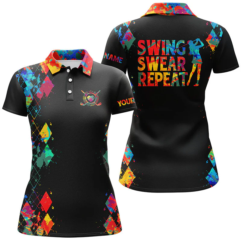 Customized Golf Women Polo Shirt, Watercolor Personalized Swing Swear Repeat Black Shirts - Perfect Gift For Ladies, Golf Lovers, Golfers - Image 2