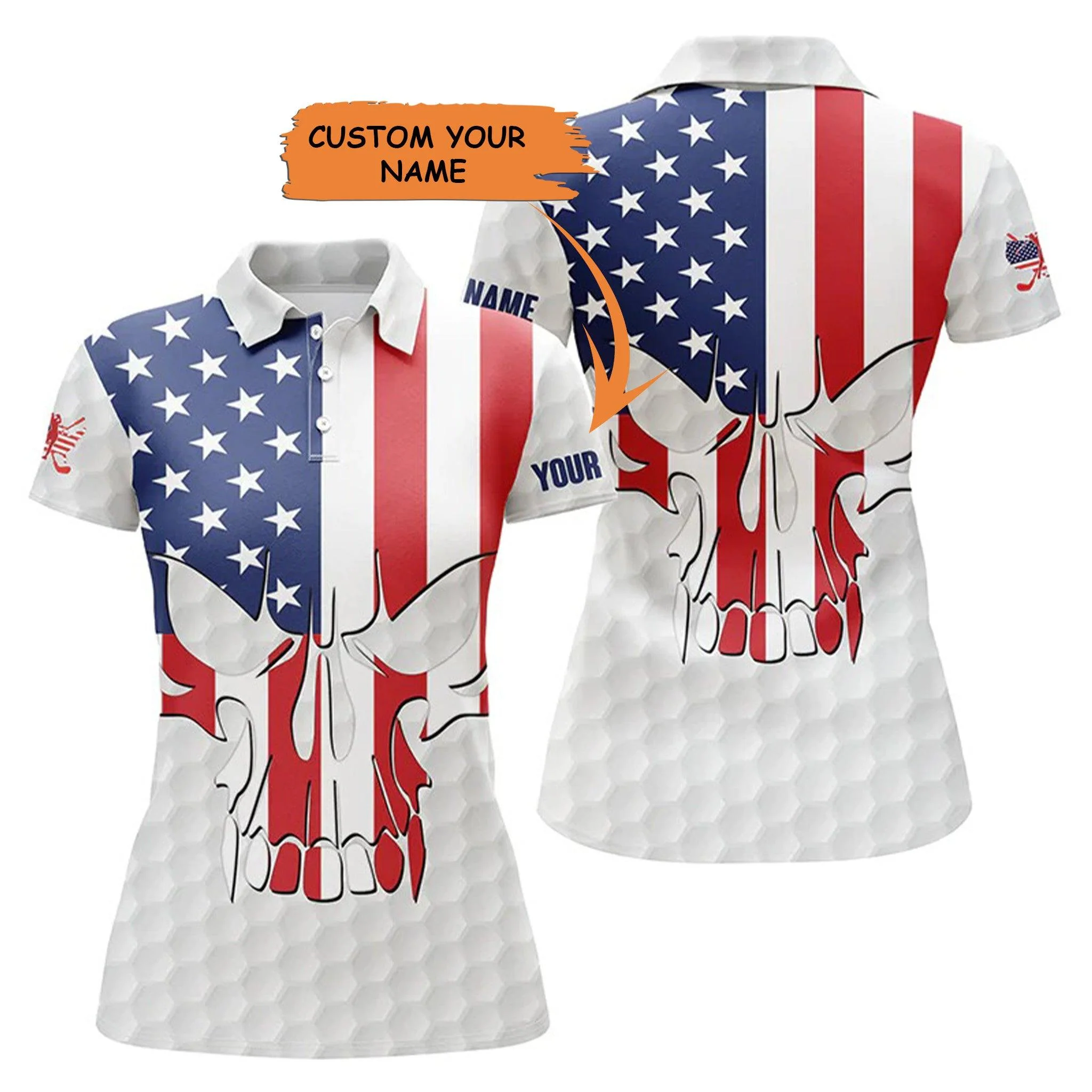 Customized Golf Women Polo Shirts, American Flag Patriot Personalized Skull Golf Ball Shirts - Perfect Gift For Ladies, Golf Lovers, Golfers
