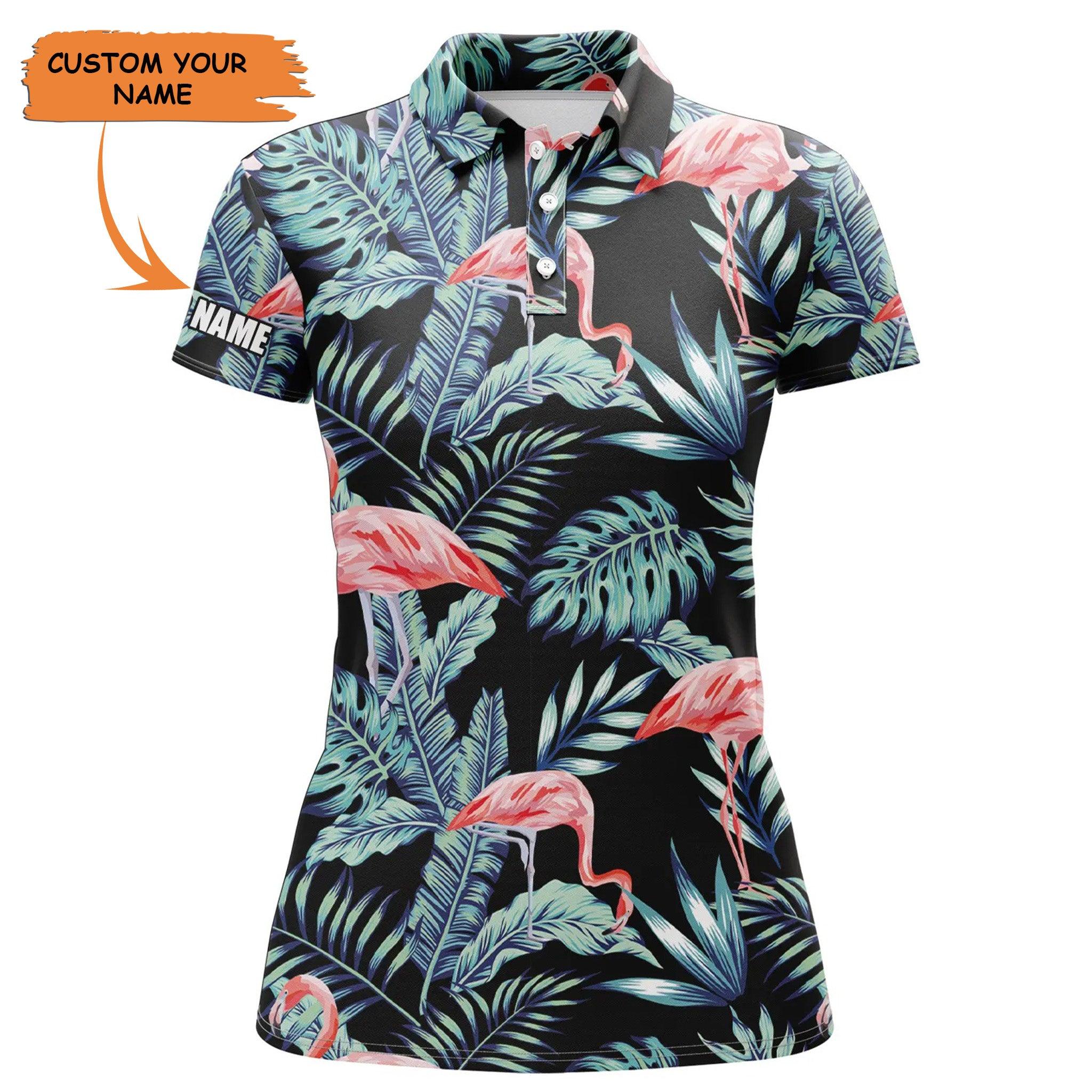 Customized Women Polo Shirts, Personalized Blue Forest Pattern Pink Flamingo Shirts - Perfect Gift For Ladies, Friends, Family