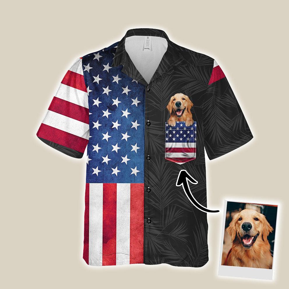 Customized Hawaiian Shirt With Pet Face - American Tropical Summer Background Red & Blue Color Aloha Shirt With Pocket - Gift For Pet Lovers - Image 2