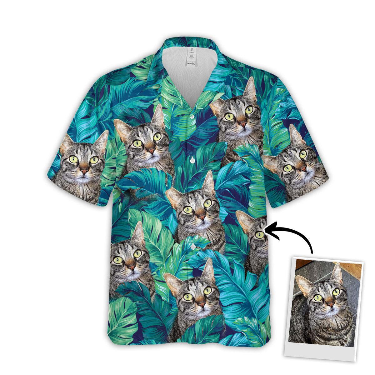 Customized Hawaiian Shirt With Pet Face - Turquoise And Blue Tropical Leaves Pattern Aloha Shirt, Pet Face Shirt - Personalized Gift For Pet Lovers - Image 2