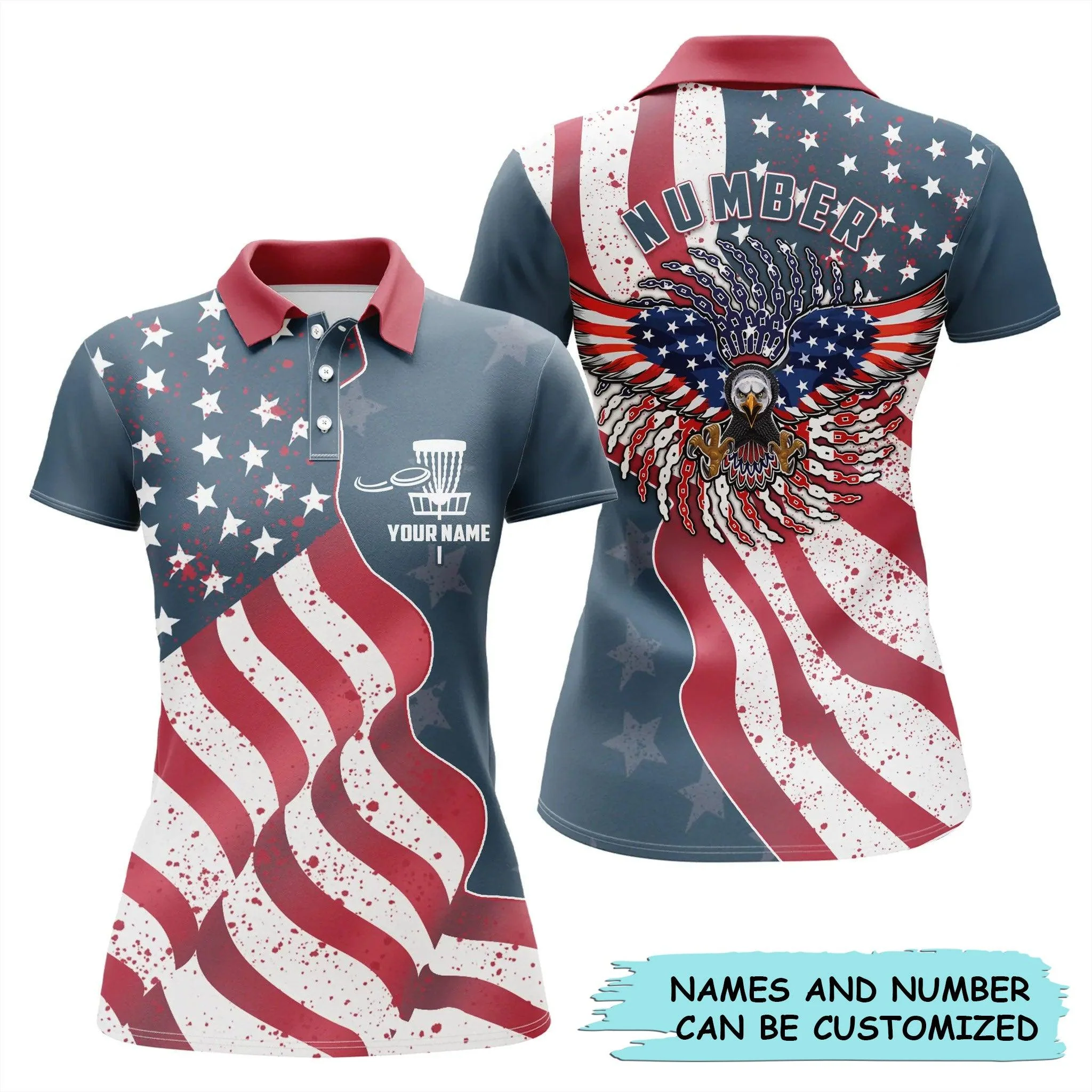 Customized Name And Number Disc Golf Women Polo Shirt - Personalized Eagle American Flag Disc Golf For Ladies - Perfect Gift For Disc Golf Lovers