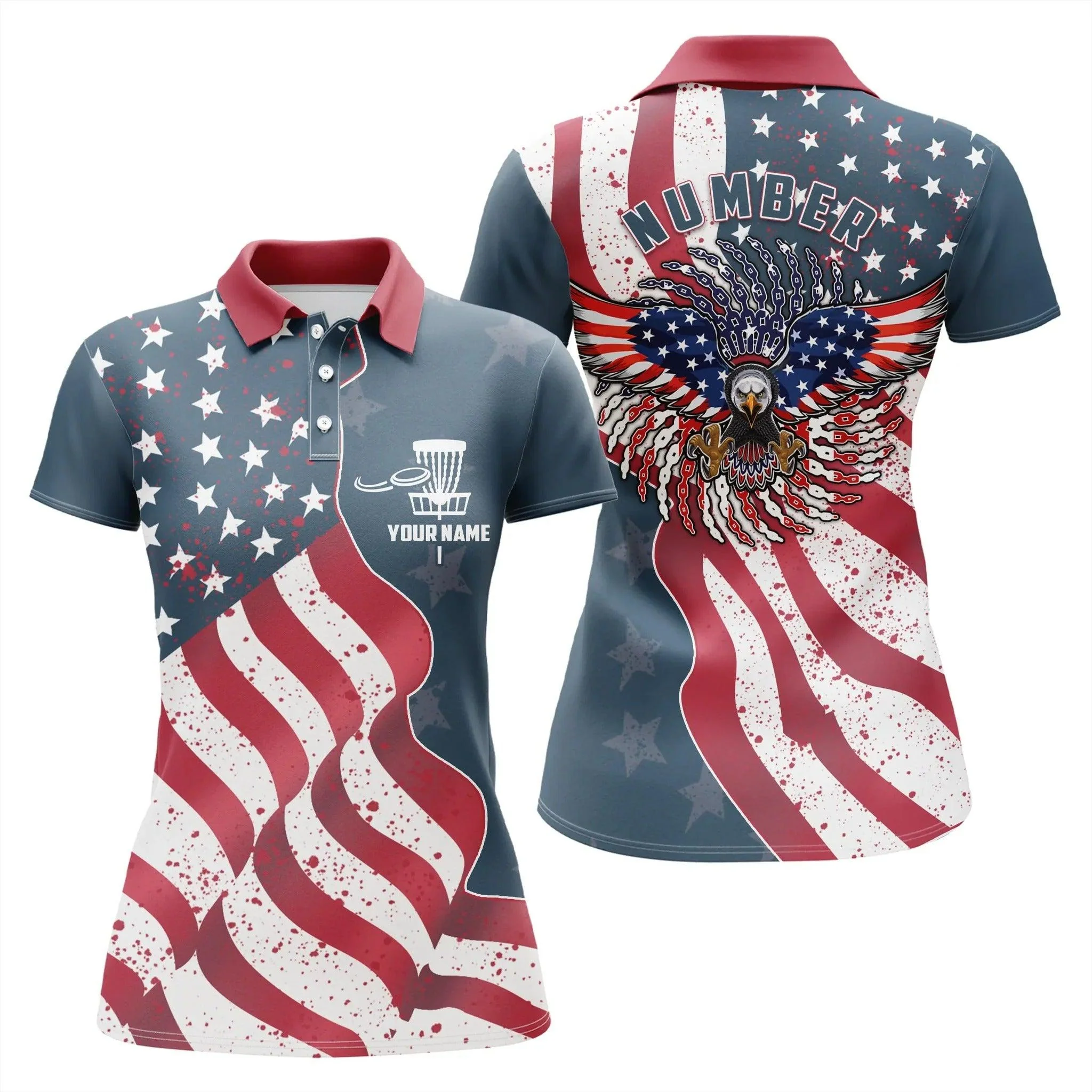 Customized Name And Number Disc Golf Women Polo Shirt - Personalized Eagle American Flag Disc Golf For Ladies - Perfect Gift For Disc Golf Lovers - Image 2
