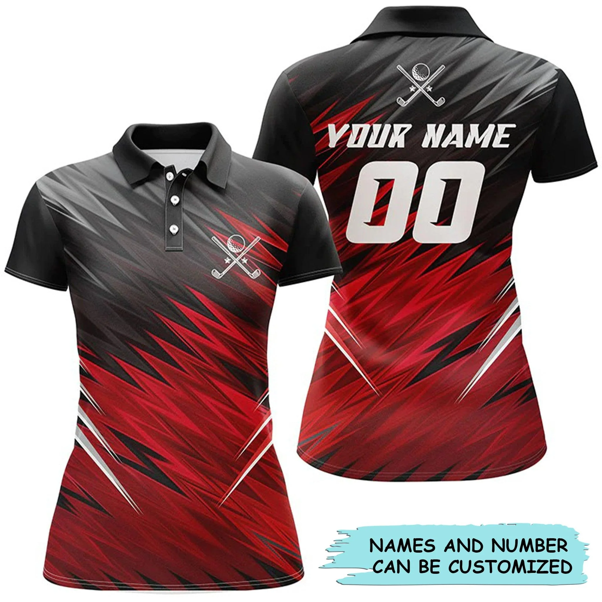 Customized Name And Number Golf Women Polo Shirts, Personalized Black And Red Lightning Team Golf Shirts - Perfect Gift For Ladies, Golf Lovers, Golfers