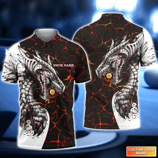 Customized Name Billiard Men Polo Shirt, Dragon Flaws Pattern Billiard Pool 8 Ball Polo Shirt - Gift For Billiard Players, Billiard Lovers