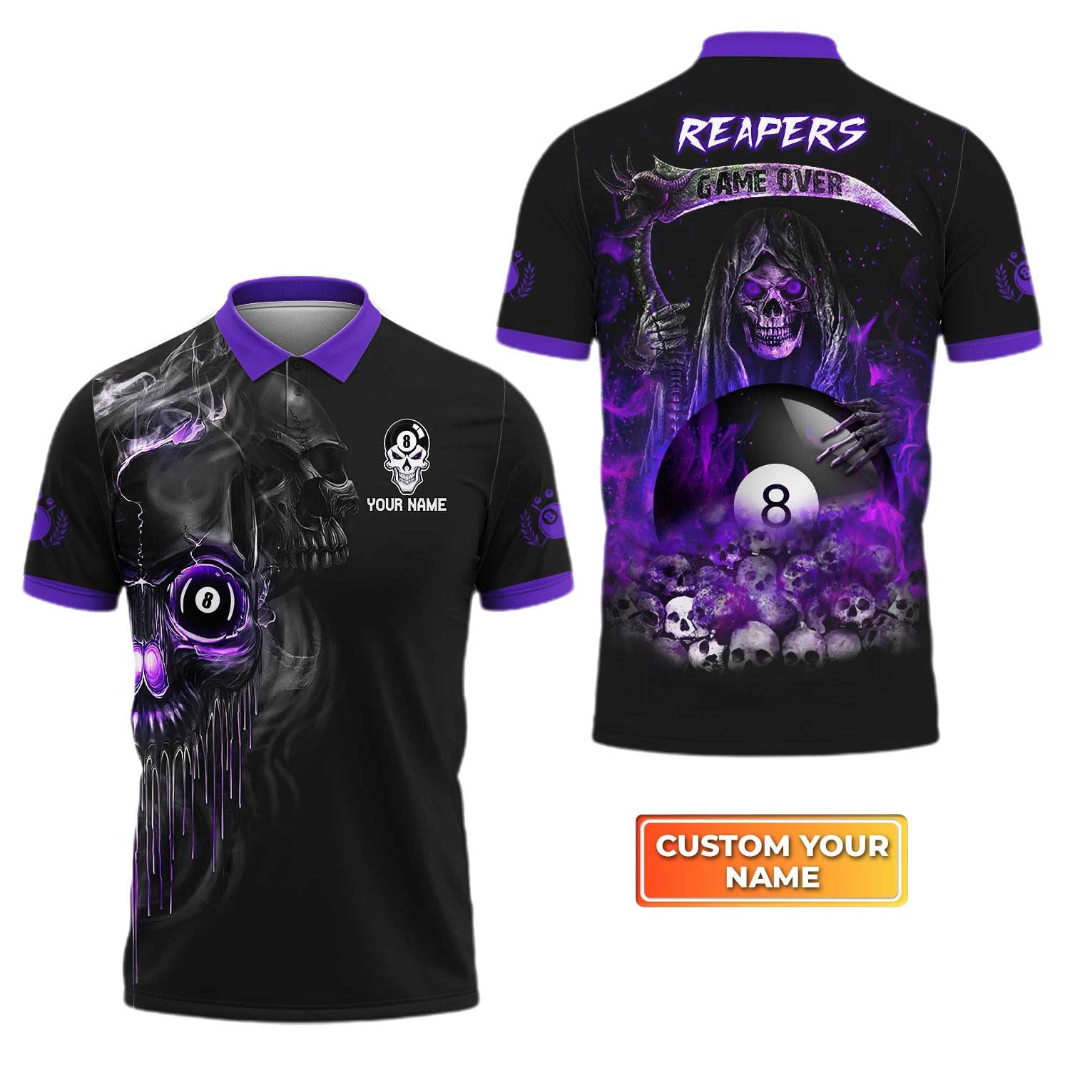 Customized Name Billiard Men Polo Shirt, Grim Reaper Billiard Pool 8 Ball Personalized Polo Shirt - Gift For Billiard Players, Billiard Lovers - Image 2