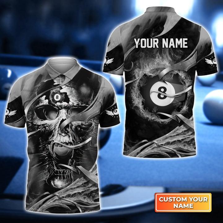 Customized Name Billiard Men Polo Shirt, Grim Reaper Play 8-Ball Billiard Personalized Skull Polo Shirt - Gift For Billiard Players, Billiard Lovers