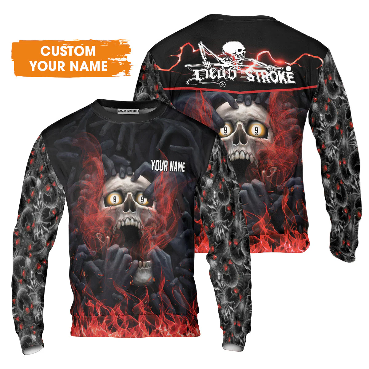 Customized Name Billiard Men's Long Sleeve Polo Shirt, Dead Stroke Pool 9 Ball Skull On Fire Men's Long Sleeve Polo Shirt - Gift For Billiard Players - Image 4