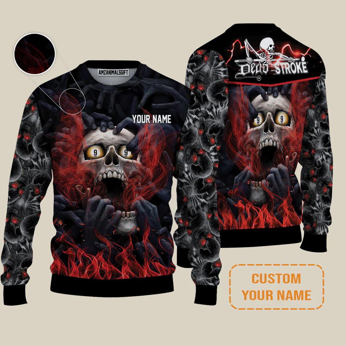 Customized Name Billiard Sweater, Dead Stroke Pool 9 Ball Skull On Fire Sweater - Gift For Billiard Players - Image 2