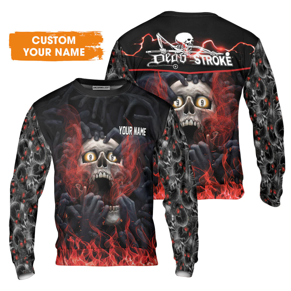 Customized Name Billiard Sweater, Dead Stroke Pool 9 Ball Skull On Fire Sweater - Gift For Billiard Players - Image 3