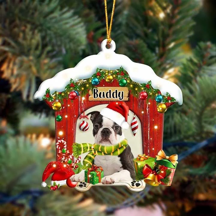 Customized Name Boston Terrier In Red Wood House Acrylic Christmas Ornament Gift For Dog Lovers, Dog Mom - Image 2