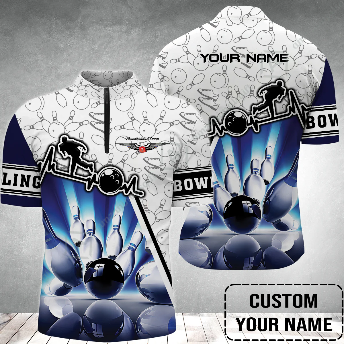 Customized Name Bowling Jersey, Personalized Unique Design Blue Heartbeat Bowling Jersey - Image 2