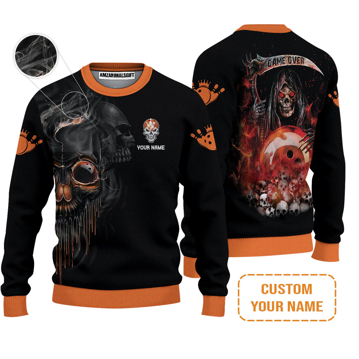 Customized Name Bowling Men Polo Shirt, Orange Grim Reaper Personalized Bowling Polo Shirt - Gift For Bowling Players Uniforms, Bowling Lovers - Image 4