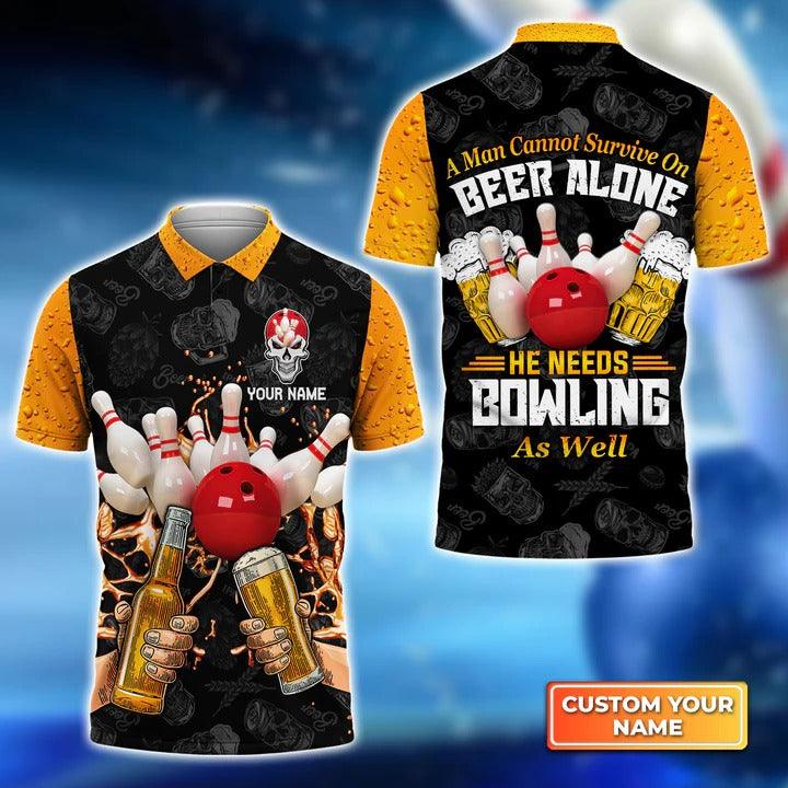 Customized Name Bowling Men Polo Shirts  - A Man Cannot Survive On Beer Personalized Name Polo Shirts For Men - Gift For Bowling Lovers, Bowlers