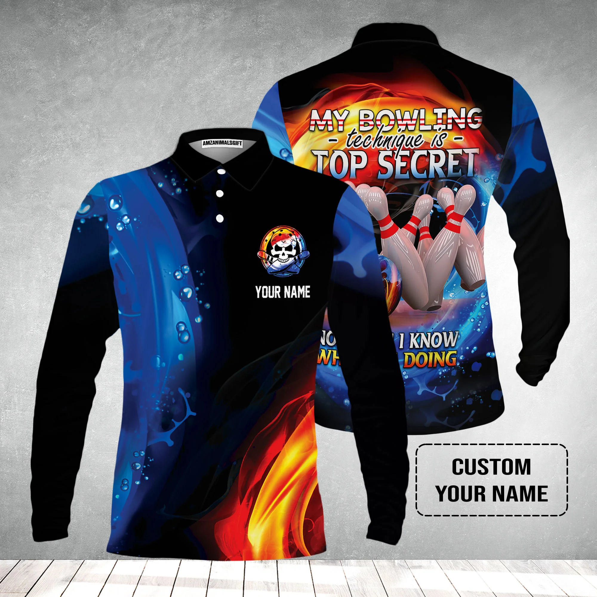 Customized Name Bowling Men's Long Sleeve Polo Shirt, My Bowling Technique is Top Secret Personalized Bowling Men's Long Sleeve Polo Shirt