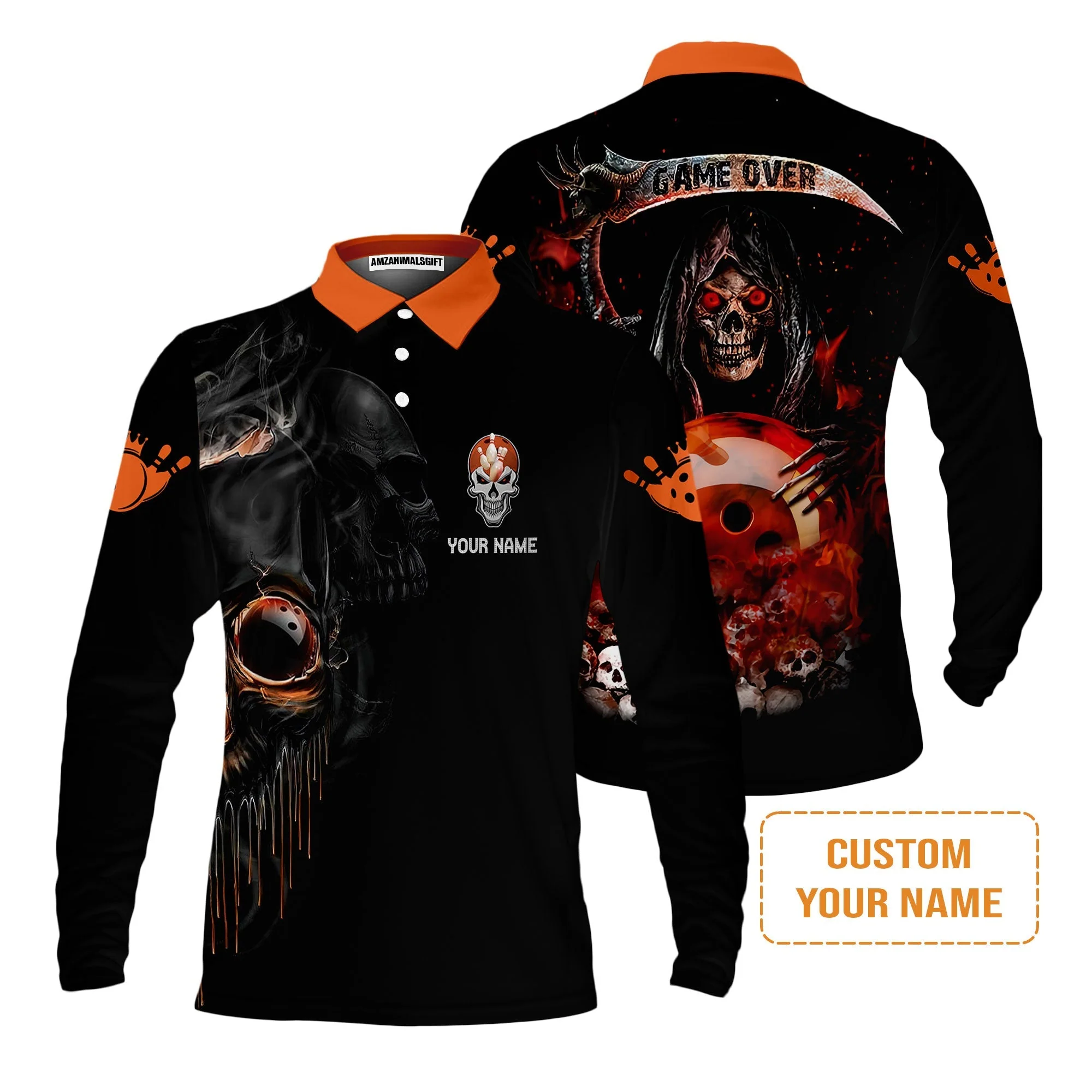 Customized Name Bowling Sweater, Orange Grim Reaper Personalized Bowling Sweater - Image 3