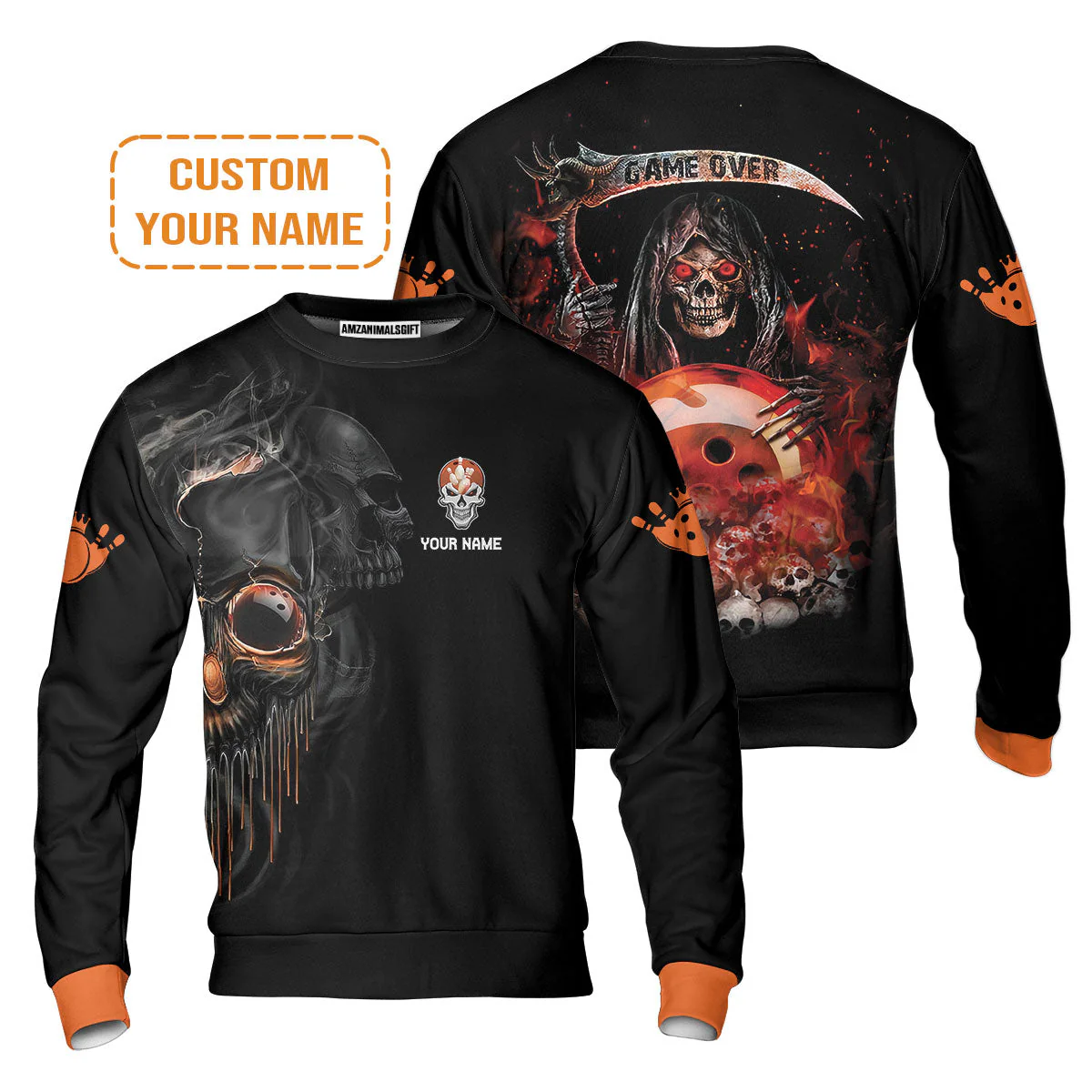 Customized Name Bowling Sweatshirt, Orange Grim Reaper Personalized Bowling Sweatshirt - Image 2