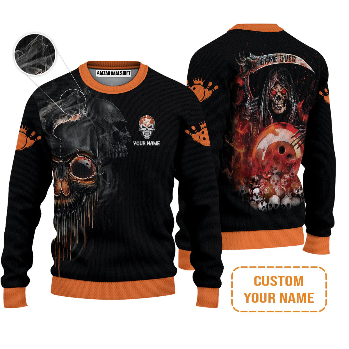 Customized Name Bowling Sweatshirt, Orange Grim Reaper Personalized Bowling Sweatshirt - Image 4