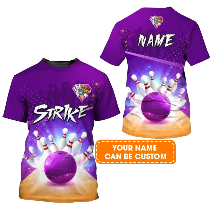 Customized Name Bowling T Shirt, Bowling Strike Pin And Purple Ball Personalized Bowling T Shirt For Men - Gift For Bowling Lovers - Image 2