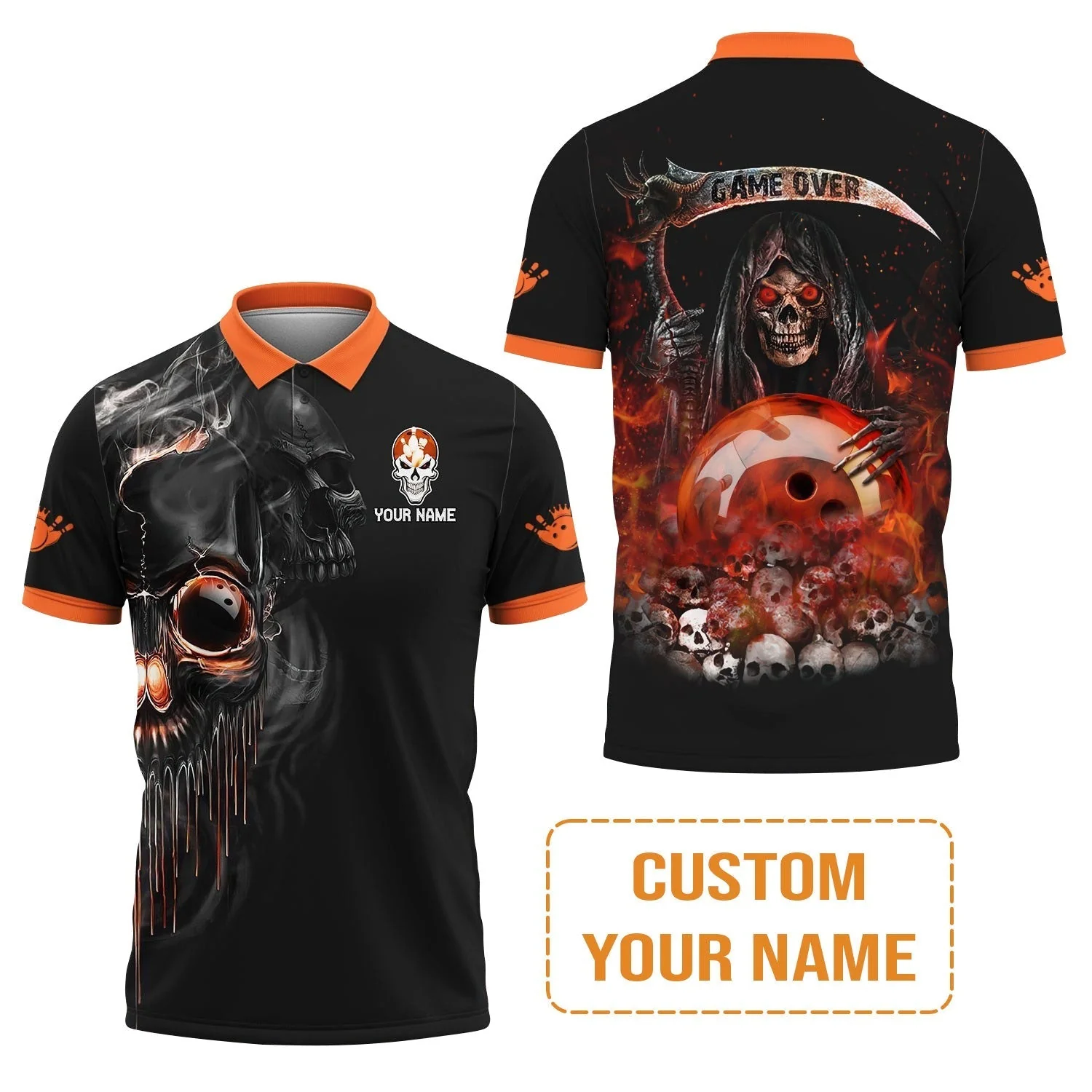 Customized Name Bowling T-Shirt, Orange Grim Reaper Personalized Bowling T-Shirt - Image 6