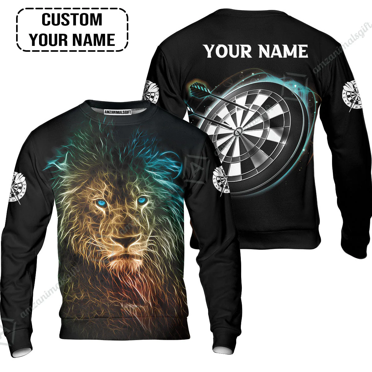 Customized Name Darts Hawaiian Shirt, Blue Bullseye Dartboard Personalized Lion And Darts Hawaiian Shirt - Image 3