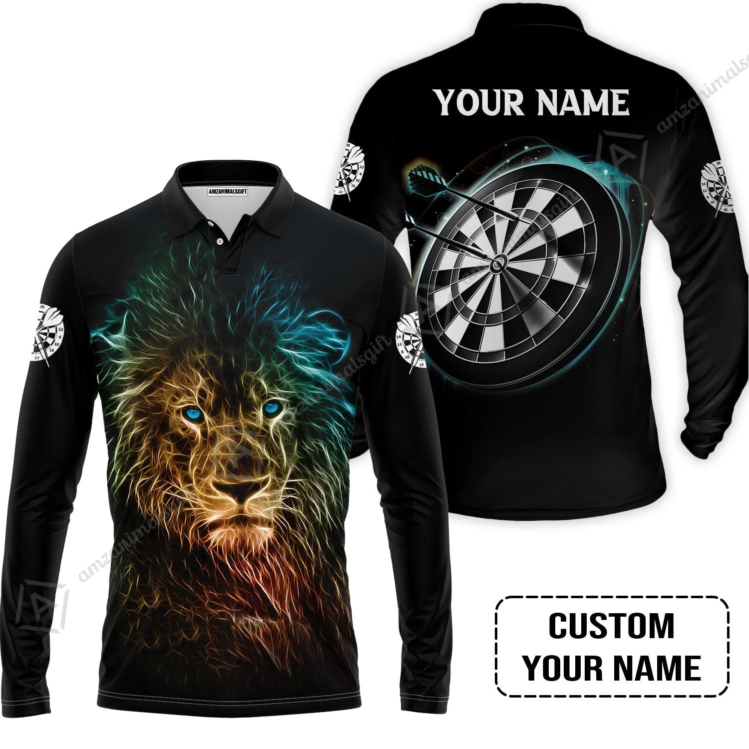 Customized Name Darts Hawaiian Shirt, Blue Bullseye Dartboard Personalized Lion And Darts Hawaiian Shirt - Image 6